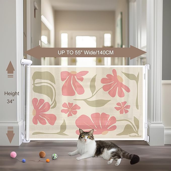 Retractable Baby Gate Child Safety 34" Tall x 55” Wide, Mesh, for Stairs, Doorways, Dogs, Pets, Indoor, Outdoor, One-Handed Operation, Locking, Easy Install, Hardware Mount, Flowers