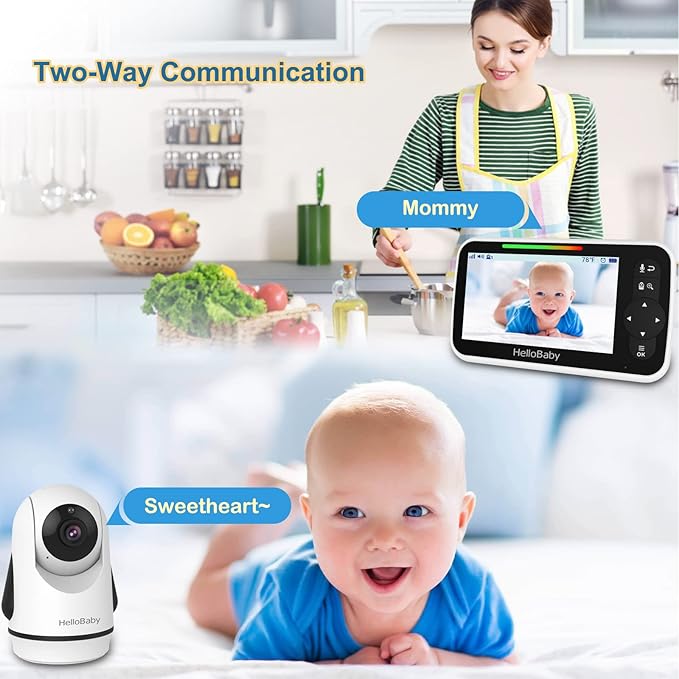 HelloBaby 5 Inch Video Baby Monitor with Camera and Audio, Remote Pan-Tilt-Zoom Camera with Night Vision, 2-Way Talk, Temperature, 8 Lullabies and 1000ft Range Baby Monitor No WiFi Needed