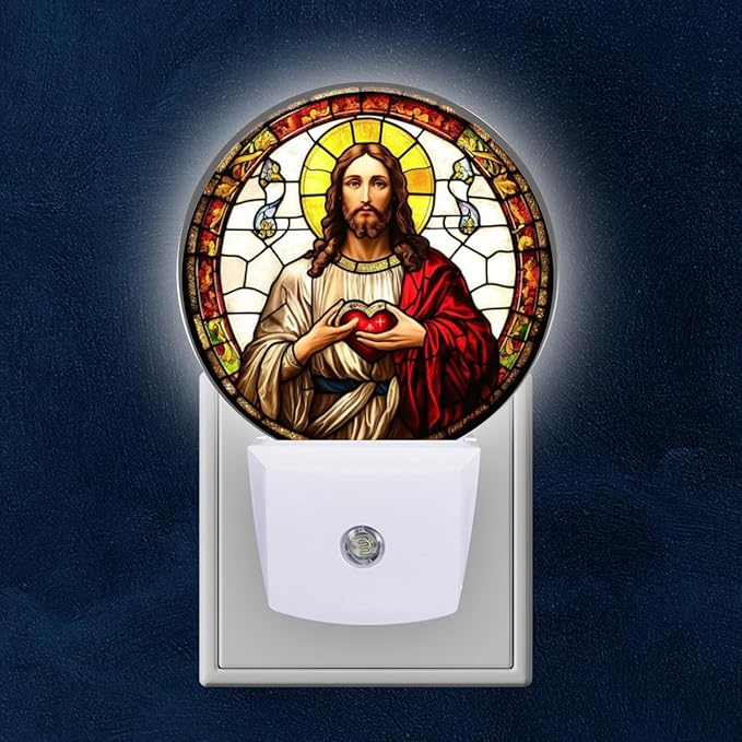 Round LED Night Lights Lamp with Dusk to Dawn Sensor, Jesus Christ with Sacred Heart in Hands Night Light Plug Into Wall for Kids Room, Bedroom, Bathroom, Kitchen, Hallway