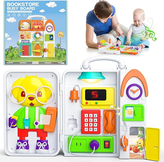 Montessori Busy Board for 1 Year Old Boy Girl, Musical Baby Toys 12-18 Months, Bilingual Learning Educational Toddlers Toys for 1-2 Year Old Birthday Gifts