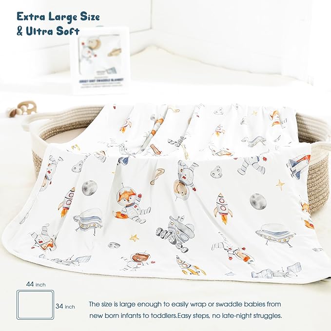 GRSSDER Baby Swaddle Blankets 2 Pack, Super Soft Jersey Knit Baby Quilt Blanket for Baby Boys, Double Layer Receiving Blankets 34 x 44 Inches Extra Large for Swaddling, Sea Fish & Space