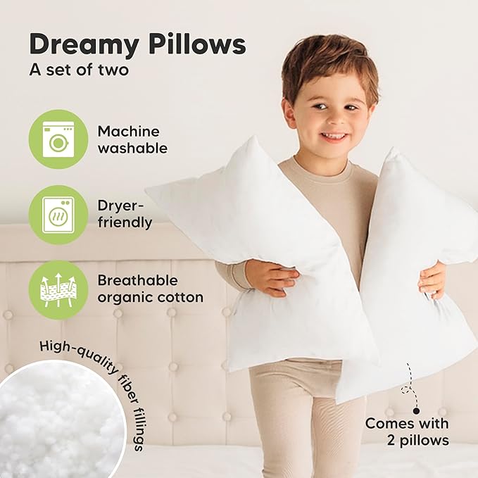 KeaBabies 2-Pack Toddler Pillow 13x18 - Soft Organic Cotton Kids Travel Bed Pillows for Sleeping, School, Nap, Machine Washable, Toddlers 2 to 5, Pillowcase Sold Separately (Soft White)
