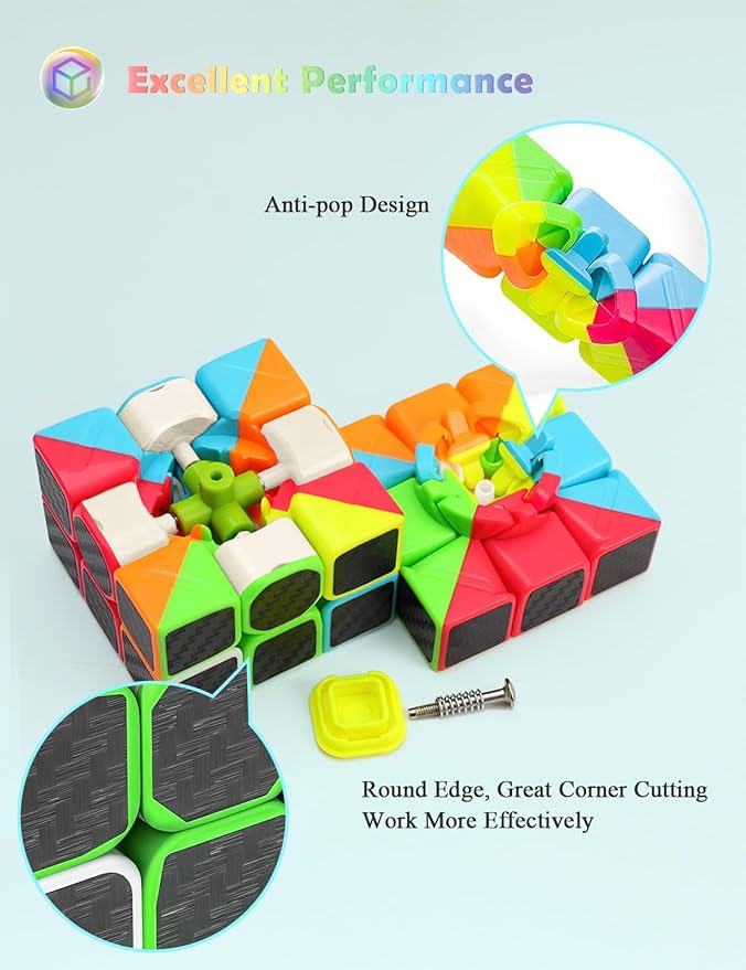 ROXENDA Speed Cube Set, Magic Cube Set of 2x2x2 3x3x3 Pyramid Cube Smooth Puzzle Cube (Carbon Fiber)