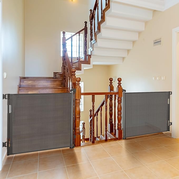 2-Pack Retractable Baby Gate for Stairs-33”Height, Expands up to 55”Width-Safety Gate for Infants, Toddlers, Dogs & Pets-Easy Install, Secure Closure, Gray Mesh Design for Indoor & Outdoor Use
