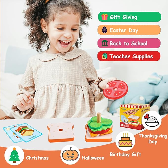 Wooden Sandwich Stacking Toys, Montessori Toys for Toddlers Kitchen Play Food Educational Preschool Learning Toys Christmas Birthday Gift Kids Toys for Boys Girls 3 4 5 Years Old (Sandwich)