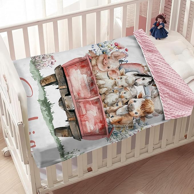 Custom Baby Blanket with Name – Cozy Double Layer Dotted Backing Newborn Receiving Swaddle Blankets, Farm Animals Personalized Gifts for Toddler Infant Boys Girls, Nursery Baby Stuff(60"x80")