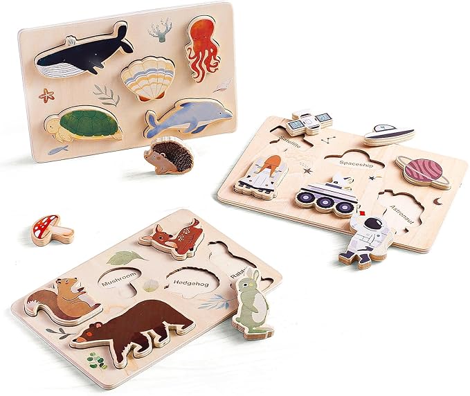 3 Packs Space Ocean Forest Wooden Chunky Puzzles for Toddlers, Wood Puzzle for Kids, Insert Puzzles Each Piece Fits Perfectly, Sturdy and Pegless, Educational Toys