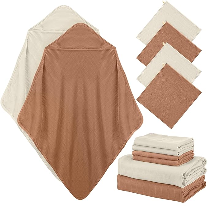 Preboun 6 Pcs Muslin Hooded Baby Towels and Washcloths 32"x 32" Cotton Newborn Bath Towel Anti-Shrink Infant Baby Blankets with Hood 12"x 12" Washcloths for Girl Boy Toddler(Grey,Coffee)