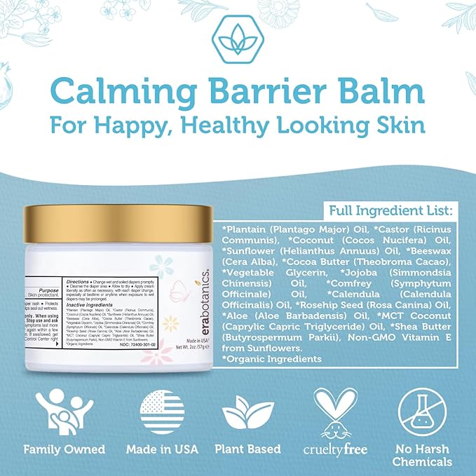 Era Organics Diaper Rash Cream For Baby - Extra Soothing and Moisturizing with Zinc Oxide, Organic Aloe Vera, Chamomile, Calendula Plus More - Gentle Butt Rash Moisturizer