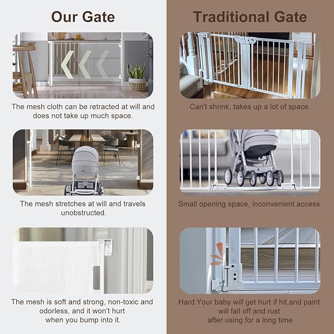 Retractable Baby Gates Extra Wide, 34" Tall Extends up to 71" Wide, Dog Gate Indoor for Stairs, Pet Gate with Support Rods for Doorways Hallways Indoor & Outdoor-White