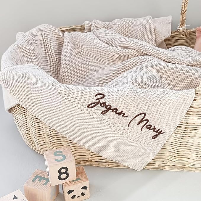 Luxury Personalized Name Knitted Baby Blanket -Embroidered, Soft Breathable Cotton Knit for Newborns - Valentine's Gift for New Moms, Baby Boy Girl Birthday Christmas.