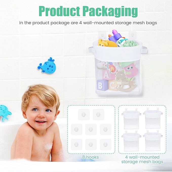 4Pcs Bath Toy Organizer with 8 Hooks Large Capacity Bathtub Toy Storage Organizer with Handles and Bottom Zippers for Storage and Classification