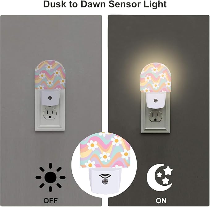 Groovy Hippie Daisies Flowers Night Light for Kids,Retro Rainbow Wavy Floral Night Light Plug in with Dusk to Dawn Sensor,0.5w Energy Saving Nightlight for Hallway Stairway Kitchen Bedroom