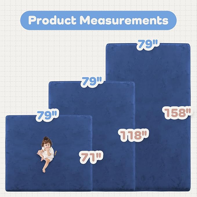1.3" Thick Baby Floor Play Mat 79x118, Basic Padded Foam Mat for Tummy Time Gym Crawling, Non Slip Cushioned for Babies Toddlers Infants Kids (Blue)
