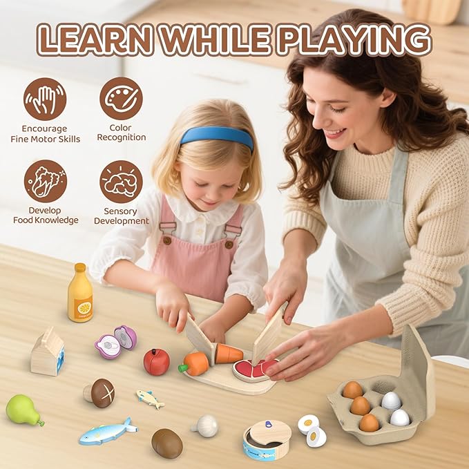 Wooden Play Food Toys for Kids - Pretend Play Kitchen Accessories Toy Set for Toddlers, Cutting Fruits Vegetables Toys Gift for Boys Girls Ages Over 3 Year Old