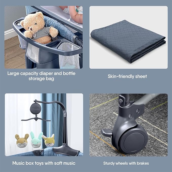 BabyBond Baby Bassinet Bedside Crib, Pack and Play with Sheet, Diaper Changing Table and Music Mobile from Newborn to Toddles, Portable Large Playard