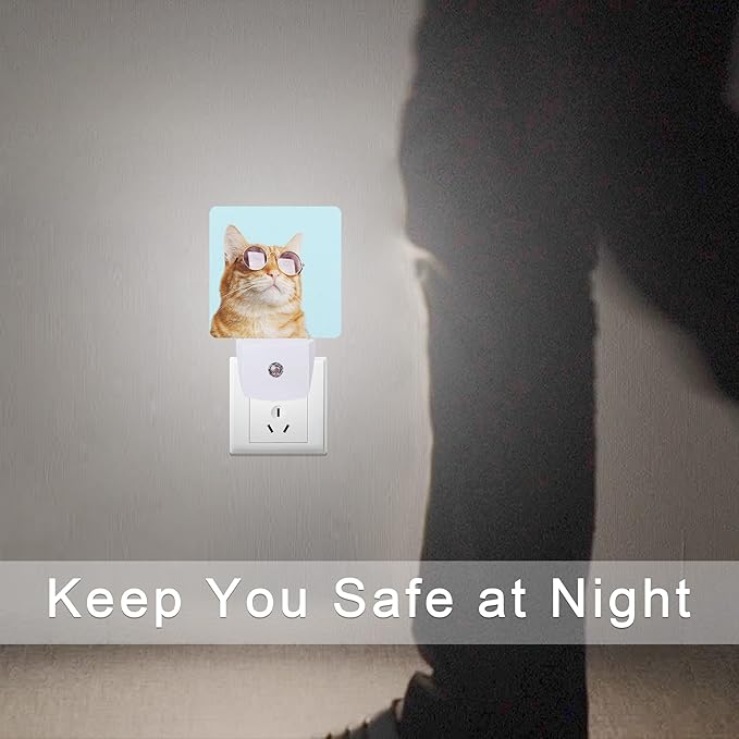 Glasses Cat Night Light Plug-in LED Nightlights Auto Sensor Night Lamp Dusk-to-Dawn Lamp Home Decor for Nursery Children Girls Boys