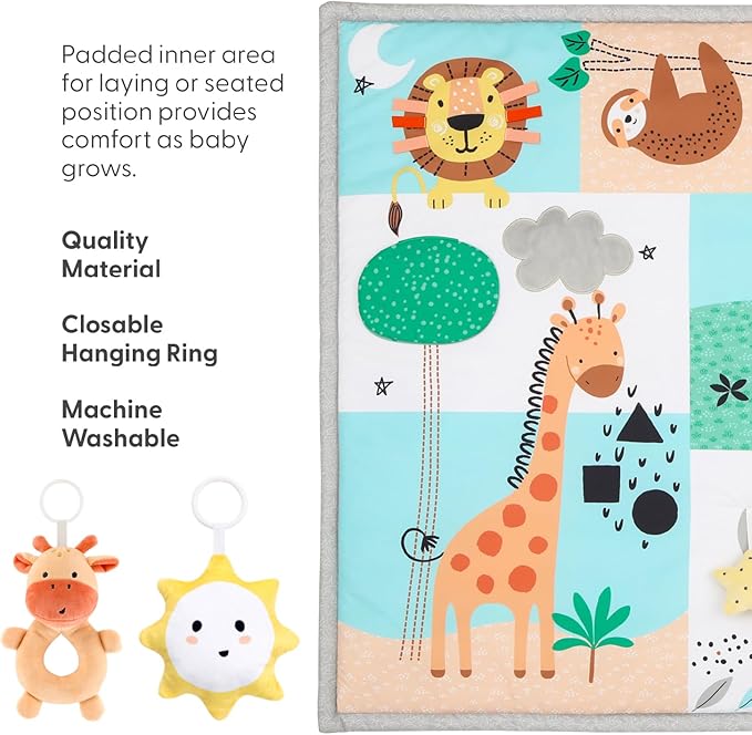 The Peanutshell Unisex Baby Play Gym & 7-in-1 Play Mat - Playmat Baby Toys 0-6, 6-12 Months Tummy Time Mat with Hanging Toys, Soft Padded for Newborns, Infants - Safari