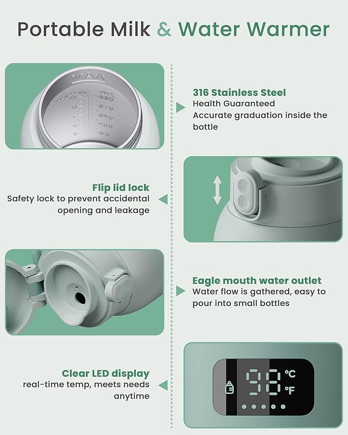 Portable Bottle Warmer Extended Battery Life - Dual Heating Modes for Breast Milk & Water, 17 Ounces, Fast Heating, Ideal for Travel, Outdoor, Baby Shower, Green
