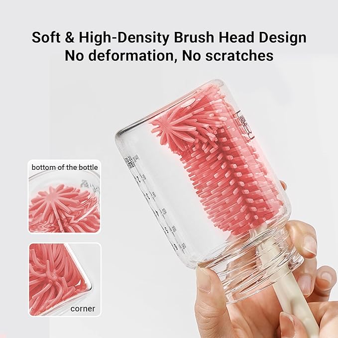 Baby Bottle Brush, 7 in 1 Travel Baby Bottle Cleaner Brush Set with Silicone Brush, Nipple Brush, Straw Brush, Soap Dispenser, Portable Drying Rack, Breast Pump & Bottle Cleaning Kit - Coral Pink