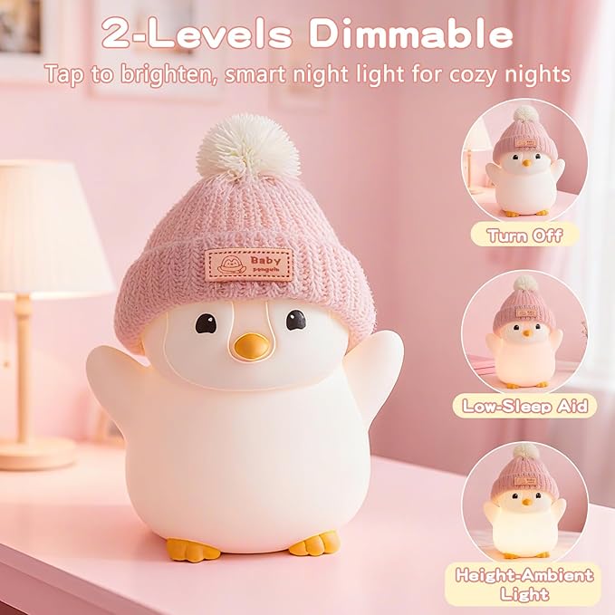 Penguin Night Light, Cute Pink Penguin Lamp with Knit Hat, Soft Silicone Nursery Nightlight for Baby, Rechargeable/Dimmable/Timer,LED Squishy Novelty Animal Bedside Lamp,Funny Gifts for Kids