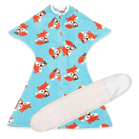 SleepingBaby Fleece Zipadee-Zip Transition Swaddle and Snuggle Strap Bundle - Roomy Baby Swaddle Blanket with Zipper Convenience and Wearable Blanket Accessory, Friendly Fox, Small (4-8 Month)