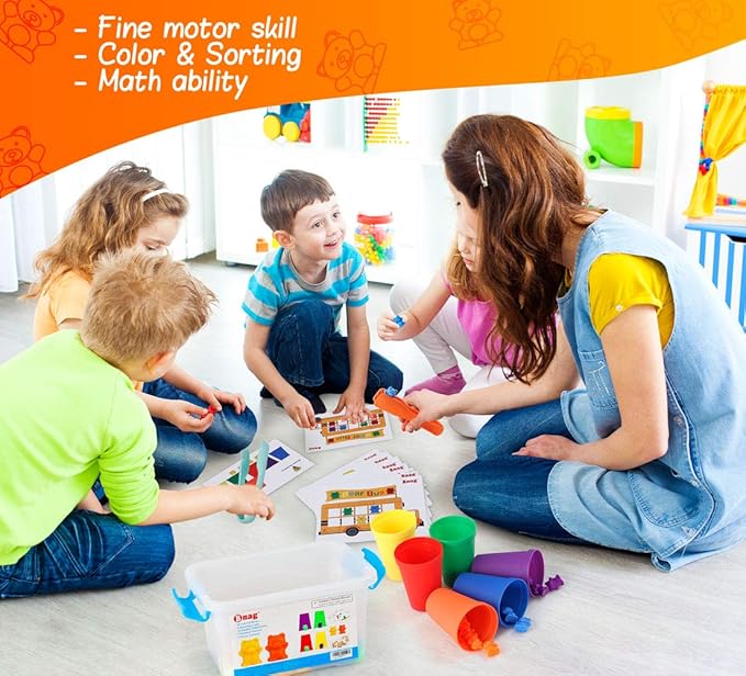 Bmag Counting Bears with Matching Sorting Cups,Pre-School Math Learning Games with 2 Dices,Color Recognition STEM Educational Toy for Toddler Bonus Tweezers, Storage Box, Activity Cards