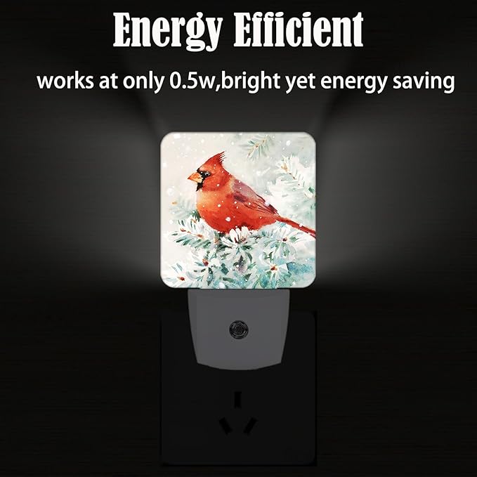 Winter Cardinal Bird Night Light,Plug Into Wall for Boys Girls Bedroom Decorative Square Night Light Lamp 0.5w Sleep Friendly