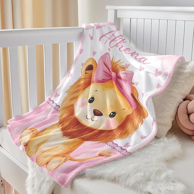 Personalized Baby Blanket for Girls, Custom Baby Blanket with Name, Soft Cozy Personalized Name Blankets for Kids, Customized Lion Blanket for Infant Toddler Birthday Christmas