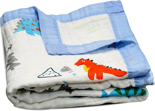 100% Cotton Muslin Baby Blanket | Soft & Breathable 6-Layer Swaddle & Receiving Blanket | Lightweight Quilt for Newborns, Infants & Toddlers | Gender-Neutral (Dinosaur Dreams)