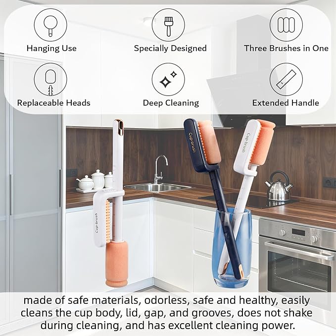 Bottle Brush Cleaner, 3-in-1 Water Bottle Cleaner Brush Straw Nipple Bottle Cleaner Brush Set Long Handle Bottle Cleaning Brush for Washing Tumblers, Sport Bottles, Cup Lid Cleaning Brush Blue