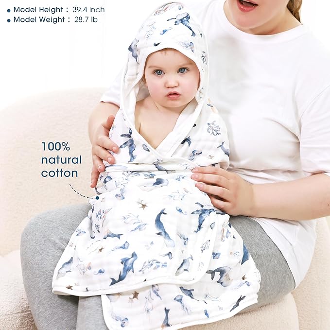 GRSSDER Ultra Soft Absorbent Muslin Cotton Baby Hooded Towel 2 Pack with Original Patterns, Extra Large Size 35"x 35" Swaddle Wrap for Newborn Infant and Toddler