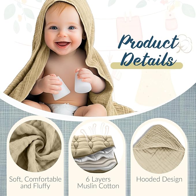 VitalCozy 8 Pcs Baby Muslin Hooded Bath Towels and Washcloths, 32 x 32 Inch Muslin Hooded Baby Towels Absorbent Blankets for Gift Newborn Infant Shower (Pastel Color)