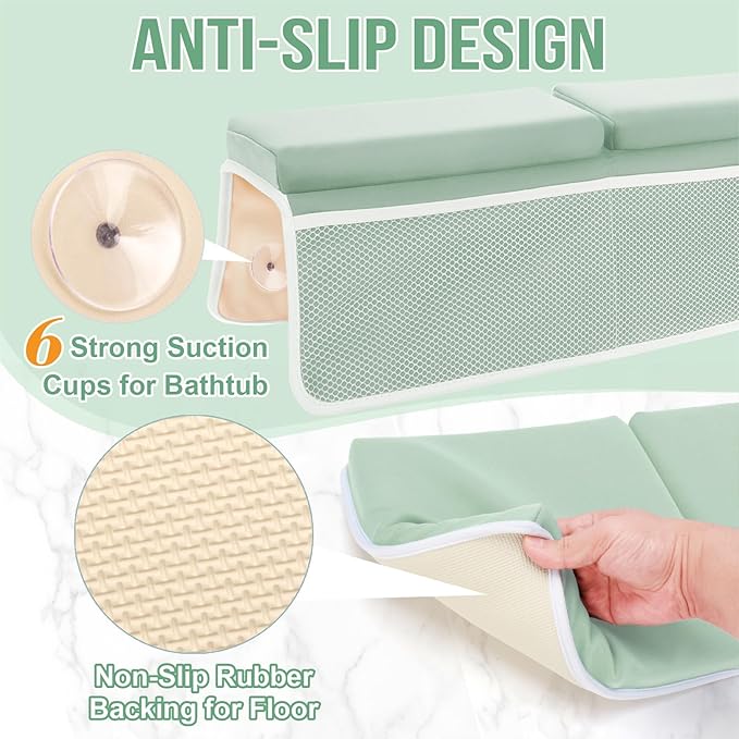 Bath Kneeler and Elbow Rest Pad Set, Thick and Quick Dry Kneeling Pad Support for Knee and Arm, Extra Large Baby Bath Kneeler Pads Bathtub Mat with Toys Organizer for Baby Bath Time, Grey Green