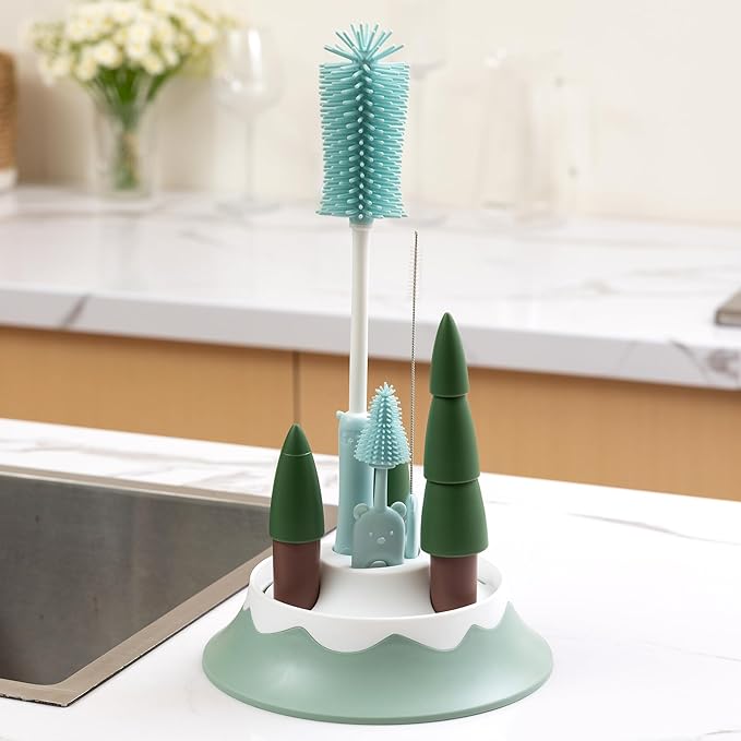 Chemimoso Baby Bottle Drying Rack and Cleaning Set, with Straight Silicone Baby Bottle Brush, Pacifier Brush, Straw Brush, Cup Lid Cleaning Brush, 2025 Xmas Holiday Surprise Gift for Newmom, Z Blue