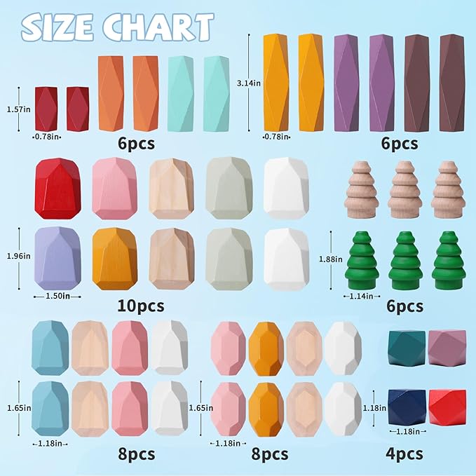 48 PCS Wooden Stacking Rocks Stones Building Blocks, Montessori Toys for 3+ Year Old Preschool Learning Activities Balancing Stacking Game, Birthday Gifts for 3 4 5 6 Year Old Girls Boys Kids