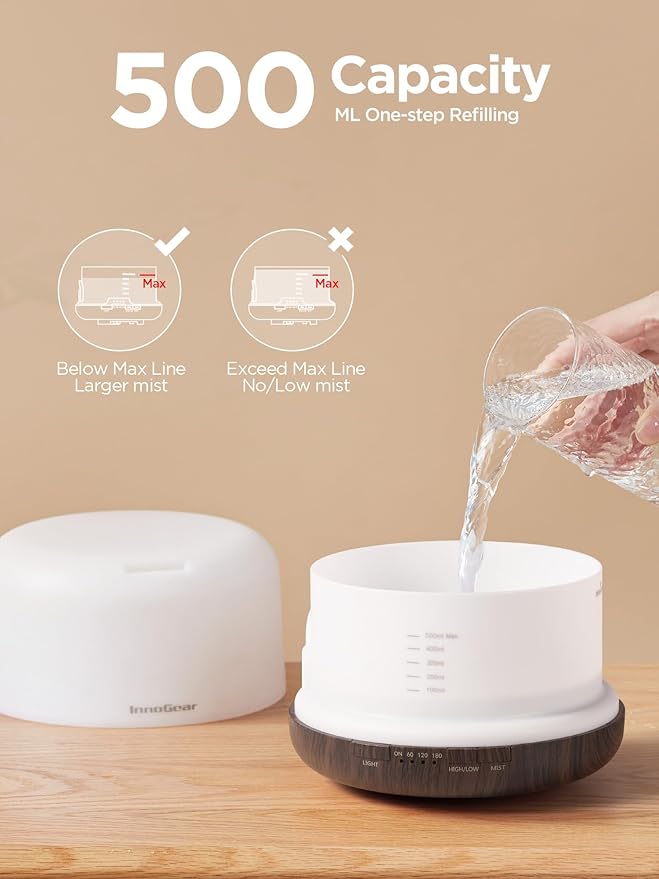 InnoGear 500ml Essential Oil Diffuser with Remote Control, Premium Ultrasonic Aromatherapy Diffusers Scent Humidifier Vaporizer Auto-Off Timer for Large Room Home, Brown