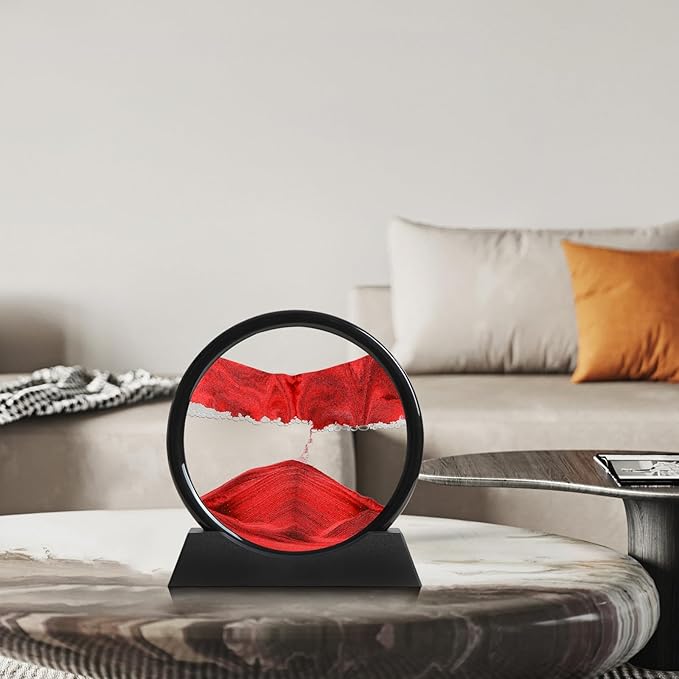 Moving Sand Art Liquid Motion, 3D Deep Sea Sandscape Color Quicksand Decor, Round Glass Moving Sand Art Picture Relaxing Desktop Home Office Work Decor (Red, 7 inch)