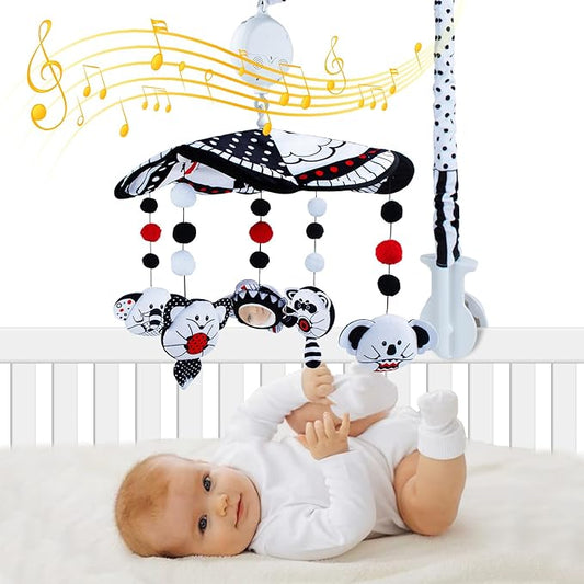 Baby Crib Mobile, Baby Mobile for Crib with Mirror, Black and White High Contrast Mobile Toy for Newborn Infants Boys and Girls, Baby Mobile Hanging Rotating Crib Toys Nursery Crib Toys, Knob Type