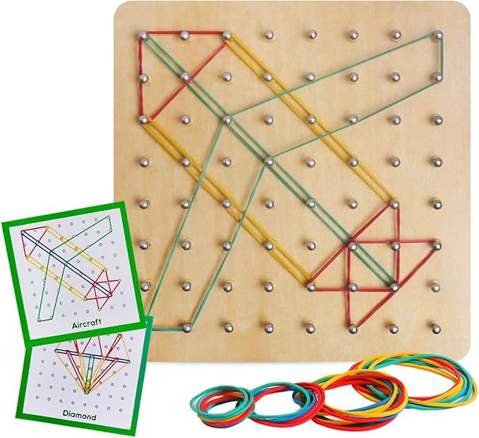 Wooden Geoboard with Rubber Bands Graphical Math Pattern Blocks Geo Board - Montessori Educational Toy for Kids with Pattern Cards and Rubber Bands Create Figures Shape STEM Puzzle Matrix Brain Teaser