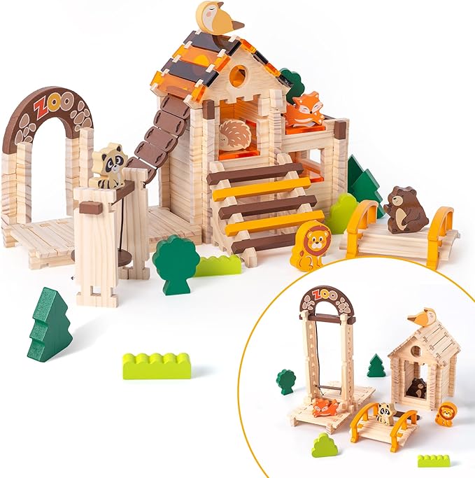 168 Pcs Wooden Blocks Toys with Grass and Small Animals,Classic Old Fashioned Toys,Wooden Building Blocks for Kids Ages 3-9 Boys and Girls