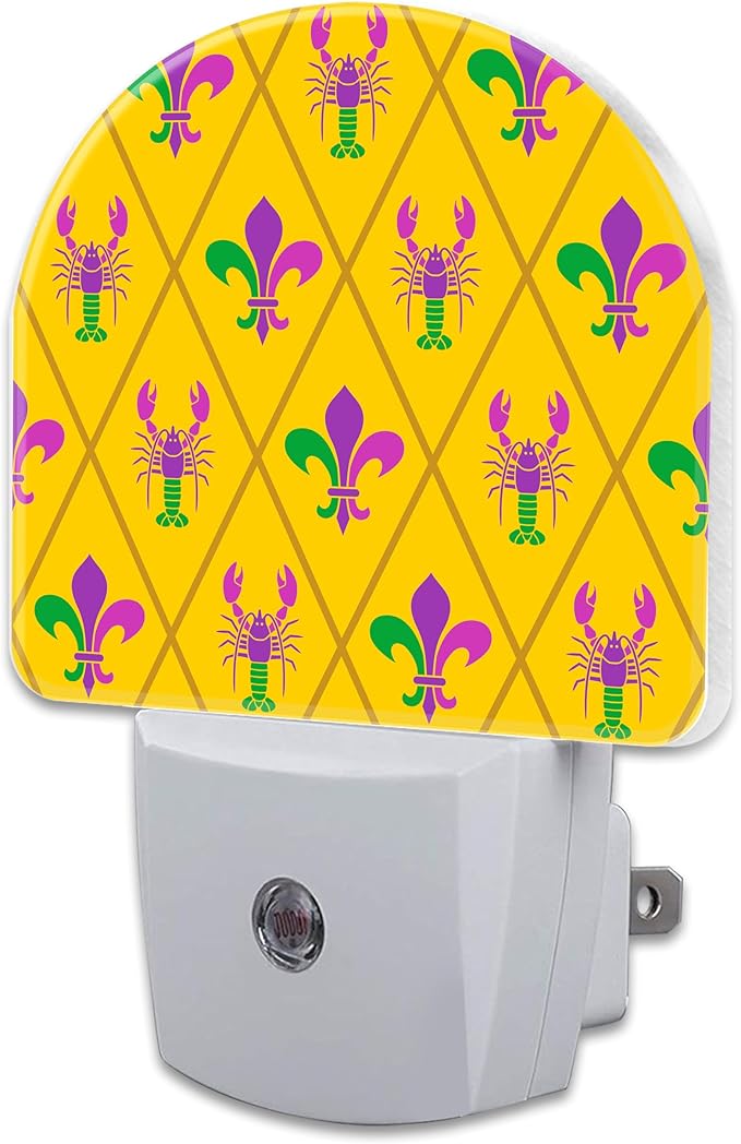 Mardi Gras Carnival Design Night Light, Crayfish and Fleur De Lis Dusk to Dawn Night Light Plug in, 0.5w Energy Saving Sleep Friendly Nightlights for Kids Boys Girls Home Decor