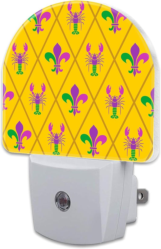 Mardi Gras Carnival Design Night Light, Crayfish and Fleur De Lis Dusk to Dawn Night Light Plug in, 0.5w Energy Saving Sleep Friendly Nightlights for Kids Boys Girls Home Decor