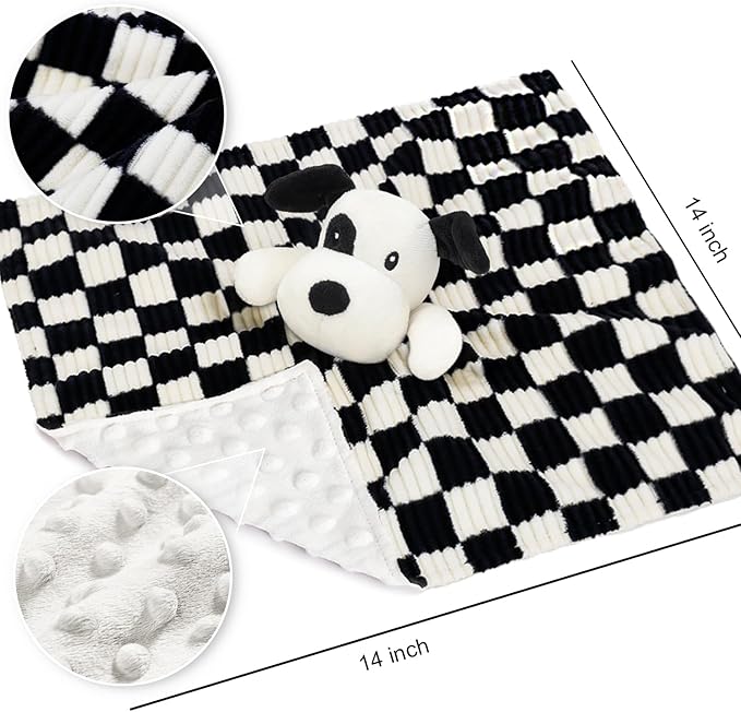 Baby Security Blanket for Boys Girls, High Contrast Super Soft 3D Checkerboard Gingham with Minky Dot Fabric Backing Snuggle Stuffed Animal Blankie Puppy Lovely Black 14 Inch
