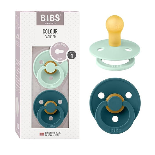 BIBS Pacifiers Colour Collection | Natural Rubber Baby Pacifier | Set of 2 BPA-Free Soothers | Made in Denmark | 0+ Months (Pack of 2) | Nordic Mint/Forest Lake