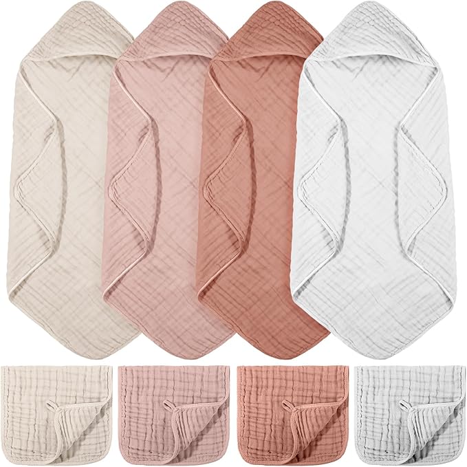 VitalCozy 8 Pcs Baby Muslin Hooded Bath Towels and Washcloths, 32 x 32 Inch Muslin Cotton Hooded Baby Towels Absorbent Hooded Blankets for Gift Newborn Infant Shower (Pink,White)