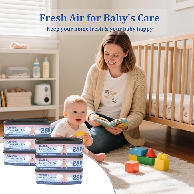 6 Pack Standard Square Bags Refill Compatible with Diaper Genie Compact, Select and Classic Pails, Max Odor Control, Disposal Bag Refills with Continuous Film, Hold Up to 280 Newborn-Sized Diapers