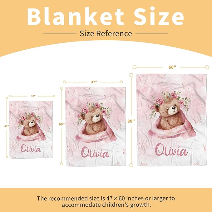 Custom Baby Blanket for Girls, Personalized Baby Blankets with Name, Soft Flannel Double Layer Receiving Swaddle Blanket, Pink Heart Bear Monogram Birthday Gifts for Infants Toddlers(30"x40")