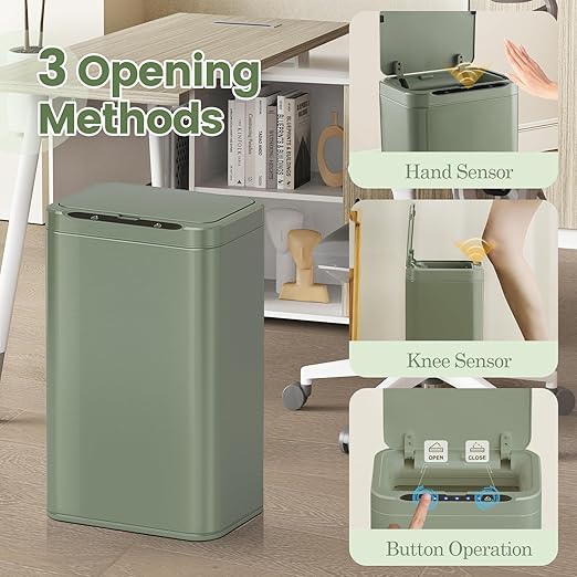 ELPHECO Stainless Steel Office Trash Can Motion Sensor Garbage Can Touchless Smart Trash Can Automatic Waste Bin for Kitchen, Office, Bathroom (Avocado Green, 6.6 Gallons), 2AA