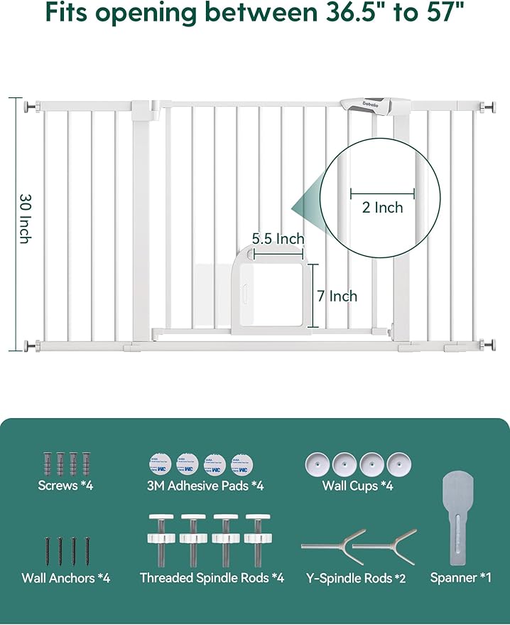 Babelio 36.5-57" Extra Wide Baby Gate with Cat Door,Auto Close&Two Way Swing,Pressure Mounted Dog Gates for Stairs,Doorways,Includes 4 Wall Cups and 3 Extension Pieces,White